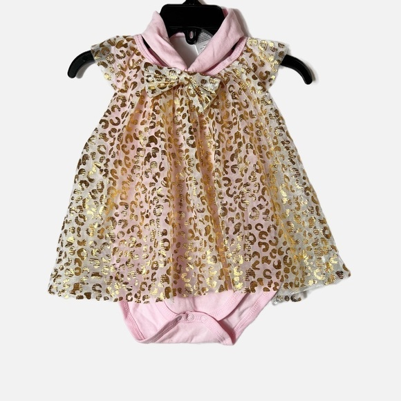 Duck Duck Goose Pink and Gold Animal Print Onesie Dress with Headband - Picture 1 of 2